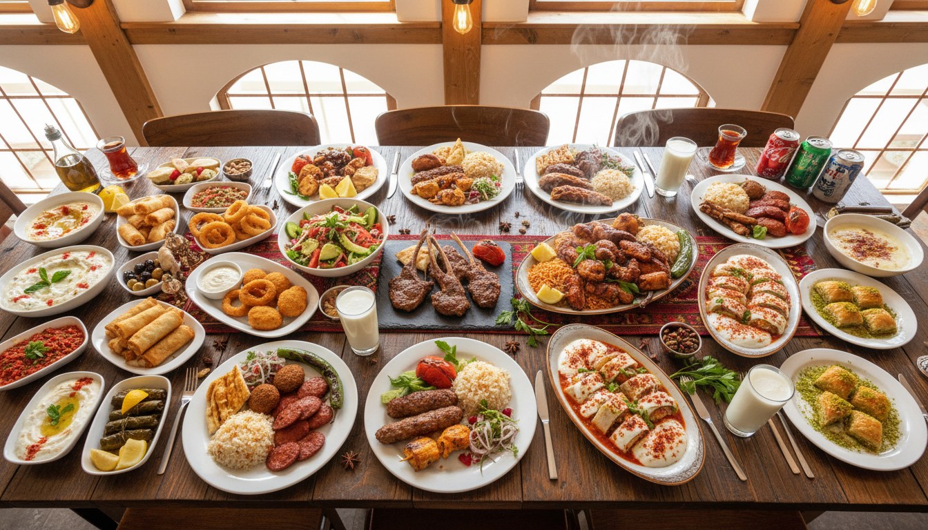 A table laid with meze, shish, kebabs and sweets at Istanbul Restaurant